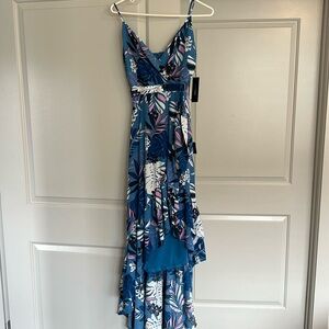 LULUS blue floral print high low maxi dress